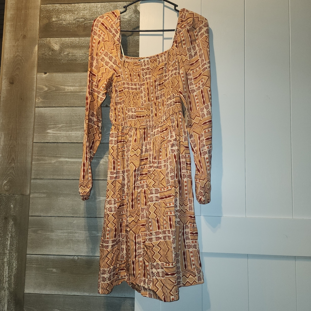 Wrangler Rust and Tan Printed Long-Sleeve Smocked Dress